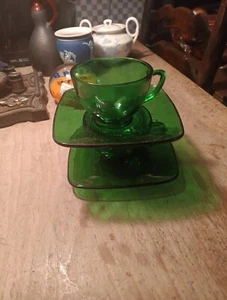 2 Depression Green Glass Forest Green Cups Saucers - Picture 1 of 7