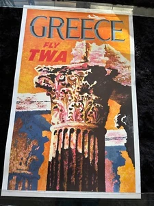 FLY TWA GREECE Orig. 1960's  DAVID KLEIN Travel Poster Temple Pillar LINEN LINED - Picture 1 of 7
