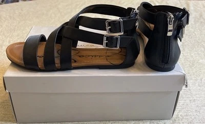 Jessica Simpson Sabella Flat Gladiator Sandals Womens 7.5 Black Leather Zip Back - Image 1 of 4