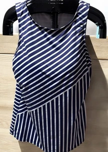 Lands End Womens Sz 14L High Neck UPF 50 Modest Tankini Top Swimsuit White Navy - Picture 1 of 10