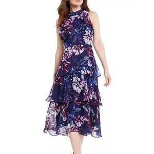 Vestido midi Vince Camuto floral con volantes en capas cuello alto funda sin mangas, talla 8 - Imagen 1 de 12