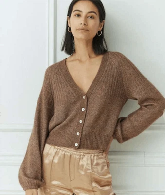 Cárdigan otoño cachemir seda jaspeado mantillo manga globo cuello en V talla pequeña Foto 1 de 4