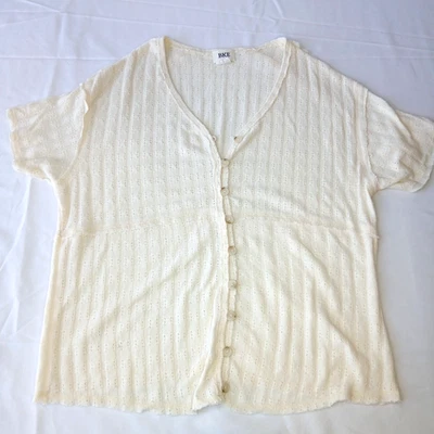 Top tejido boho con hebilla BKE XS marfil acanalado cuello en V manga corta elástico Foto 1 de 4