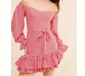 Mini Vestido Maeve Anthropologie Rojo Desnudo Volantes Hombro Descubierto Talla 16 - Imagen 1 de 10