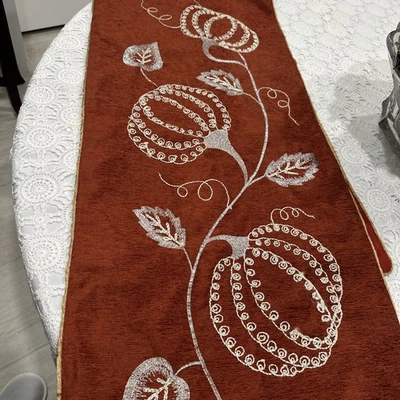 Table Runner Haymarket Square Fall Pumpkins Orange Gold Trim Lined 70” - Image 1 of 4