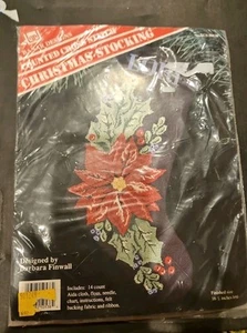 New Christmas Stocking 16" Counted Cross Stitch Kit Poinsettia Banar Designs - Picture 1 of 3