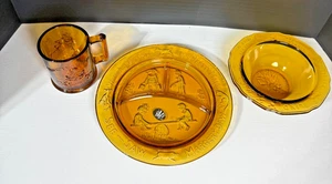 Vintage 1970's Tiara Amber Glass Childs Mother Goose Nusery Rhyme Gift Set - Picture 1 of 8