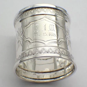 Ornate Napkin Ring Coin Silver Mono EJM Dec 25 1873 - Picture 1 of 3
