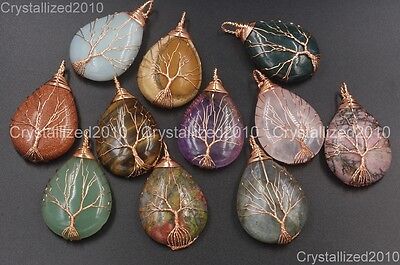 Natural Gemstones Tree Life Drop Reiki Chakra Healing Pendant Beads Rose Gold • 4.98€