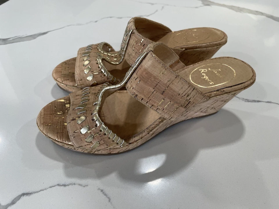 Jack Rogers Leather Tan Cork Wedge Sandals and Gold Trim 6.5 - Image 1 of 4