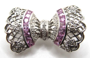 14K WHITE GOLD DIAMOND & PINK SAPPHIRE BOW BROOCH - Picture 1 of 5