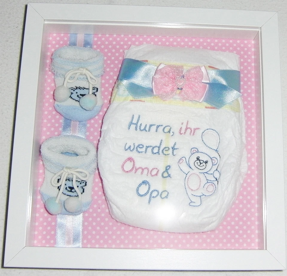 FUERSBABY bestickte Windel im Rahmen zur Geburt, Ihr werdet Oma und Opa, Baby Geschenk