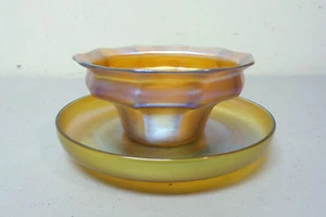 BEAUTIFUL SIGNED L.C. TIFFANY FAVRILE GOLD IRIDESCENT FINGER BOWL & UNDER PLATE - Picture 1 of 11
