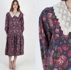 Vtg Laura Ashley Floral Cottagecore Wool Cotton Blend Lace Collar Dress Size 12