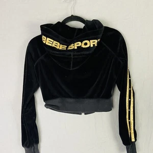 Vintage Bebe Cropped TrackSuit Y2K Zip Up Jacket Hooded Sz S Black Metallic Gold - Picture 1 of 12