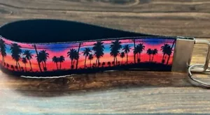 Key Fob Chain Holder Wrist Lanyard Strap Hands Free Tropical Palm Trees Sunset - Picture 1 of 1