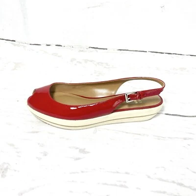 Stuart Weitzman Sandals Women 7M Red Slingback Patent Leather Platform Peep Toe - Image 1 of 4