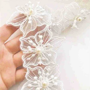 1Y Blume Spitze Borte Perlenband bestickt Fransen Brautkleid Nähen Handarbeit - Bild 1 von 10