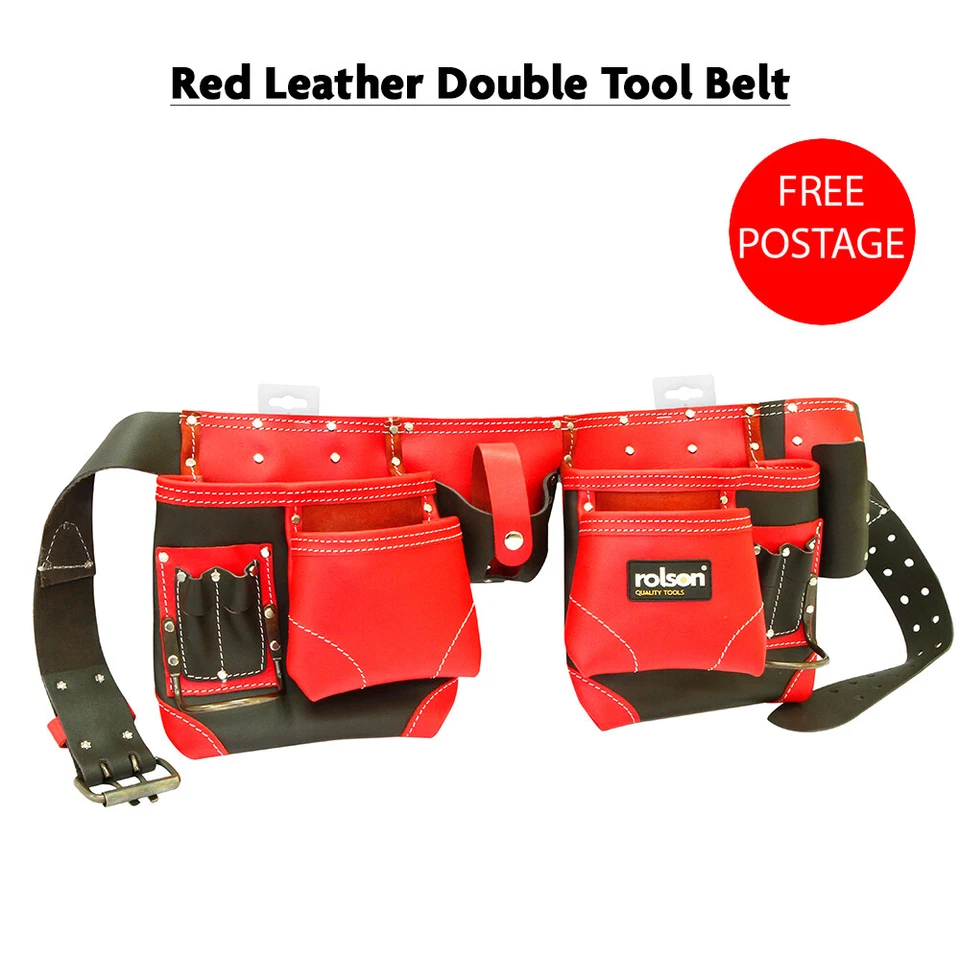 Cinturón de herramientas de cuero de dos tonos bolsa doble profesional resistente de 14 bolsillos ROJO Foto 1 de 1