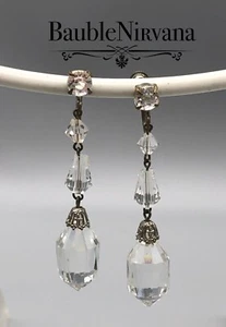 Vintage Czechoslavkia Cut Faceted Clear Crystal Beads Dangle Drop Earrings - Picture 1 of 4