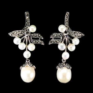 925 Sterling Silver Earrings Baroque Pearl 12x9mm Marcasite Gemstone Jewelry - Picture 1 of 9