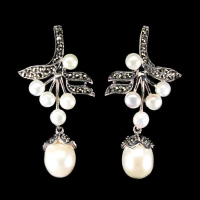 925 Sterling Silver Earrings Baroque Pearl 12x9mm Marcasite Gemstone Jewelry - Image 1 of 4