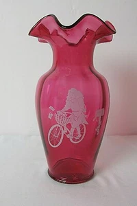 FENTON CRANBERRY INVERTED RIBBED VASE WITH GIRL ON BIKE & LETTERS  - Picture 1 of 5