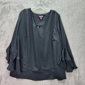 Vince Camuto Blouse Womens Plus 3X Rich Black V Neck Ruffle Sleeve Layered Top - Picture 1 of 6