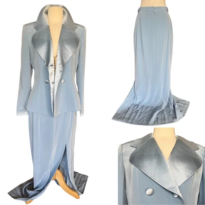 Vintage Black Tie Oleg Cassini Skirt Suit; Double Breasted Satin Details Sz 6? - Image 1 of 4