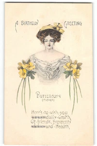 Birthday Greeting Buttercups, Woman, Flowers 1910s Hand-colored Art Postcard - Picture 1 of 2