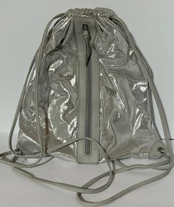 Metallic Silver Drawstring Backpack Purse Carryall Bag w Zipper Pocket - Picture 1 of 2