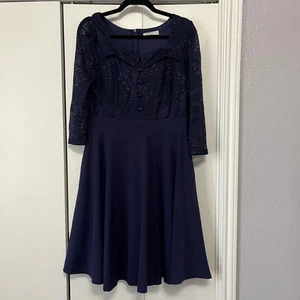Belle Poque dunkelblau Spitze Knopfleiste Fit Flare Kleid Damen Größe L - Bild 1 von 5