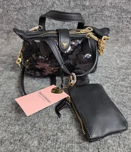Mini borsa Juicy Couture nera con paillettes carine e accenti dorati portamonete in pelle - Foto 1 di 9