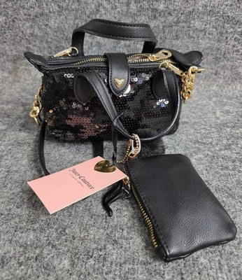 Mini Bolso de Mano Juicy Couture Negro Lentejuelas Cutesy con Acentos Dorados Cuero Bolsa para Monedas Foto 1 de 4