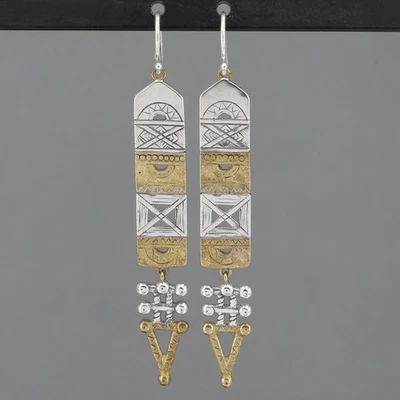 Retired Silpada Sterling Silver & Brass AZTEC 3" Long Drop Dangle Earrings W3283 - Image 1 of 4