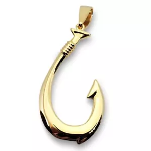 Solid 18K Yellow Gold Fish Hook Pendant, 1.75 Inch, Hawaiian Makau Hei Matau - Picture 1 of 9