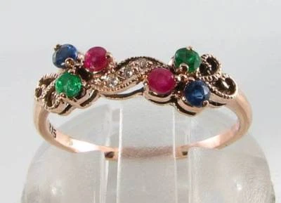 EXUBERANTE ANILLO DE ORO ROSA 9CT 9K ZAFIRO RUBÍ ESMERALDA DIAMANTE ETERNIDAD ART DECO INS 2 Foto 1 de 4