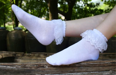 Lady Women Girl Retro White Fancy Ankle Ruffle Frilly Short Lace Cotton Socks - Image 1 of 4