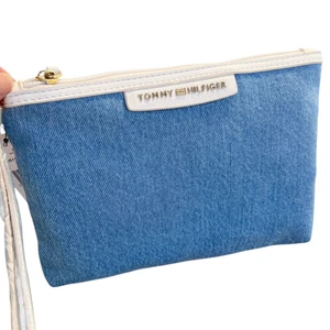 Tommy Hilfiger Womens Wristlet Pouch Clutch Handbag Purse TH Logo Denim Blue Bag - Picture 1 of 10