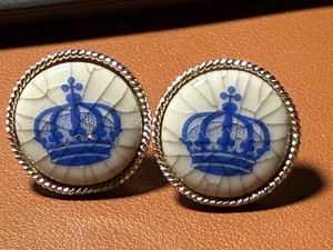 Vintage Royal Copenhagen Porcelain Crown Cufflinks SWANK Estate Find Silver Tone - Picture 1 of 15