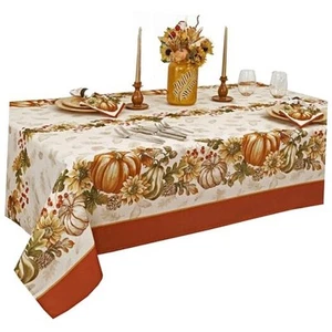 Brilliant Autumn Double Border Thanksgiving Fabric Tablecloth, Fall Harvest - Picture 1 of 7
