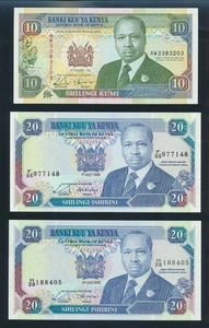 Kenya: 1-7-1989 & 2-1-1992 10 & 20 Shillings. Pick 24d, 25b & 25e UNC Cat $21 - Picture 1 of 2