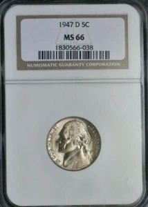 1947 D - JEFFERSON NICKEL - NGC MS66 - GEM UNCIRCULATED - Picture 1 of 4