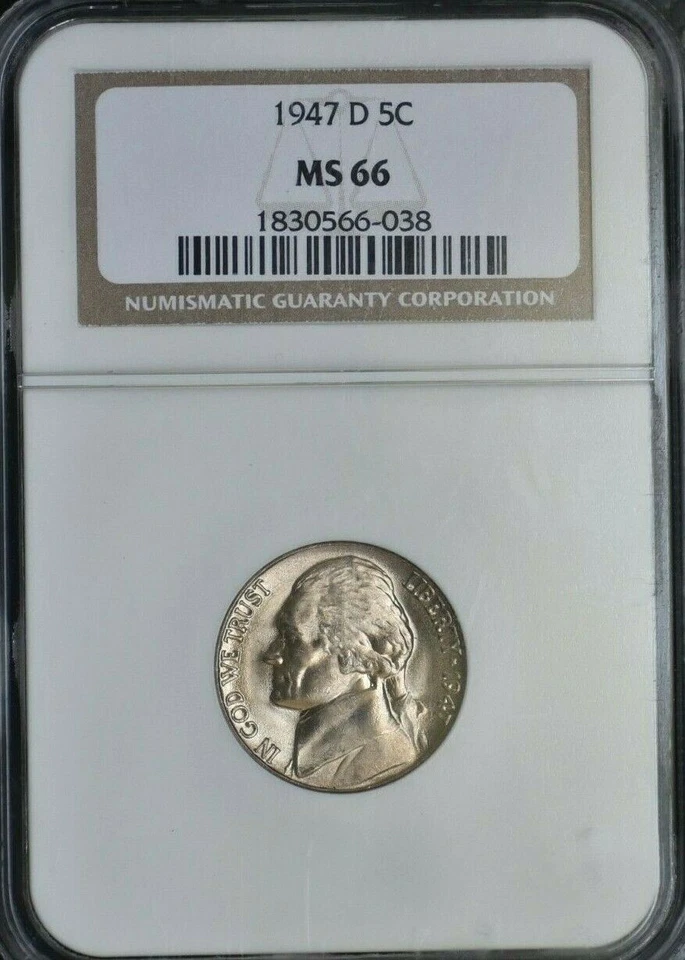 1947 D - JEFFERSON NICKEL - NGC MS66 - GEM UNCIRCULATED - Image 1 of 4