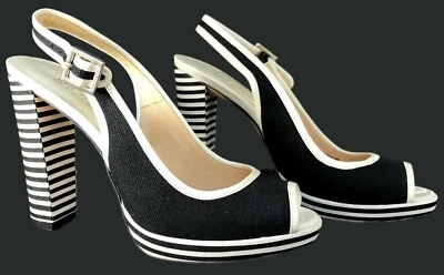 Michael Kors Sofia Tacones Eslinga Trasera 4", Negro/Crema, Lona/Cuero 6M Nuevos, Caja Foto 1 de 4