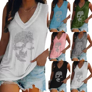 Plus Size 20 Womens Skull Tank Tops Summer V-Neck Loose Casual Cami Vest T Shirt - Picture 1 of 21