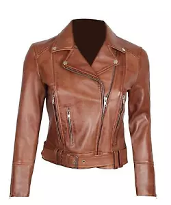 New Women's Extra Belted Brown Leather Jacket 100% Lambskin Moto BikerCoatJacket - Picture 1 of 6
