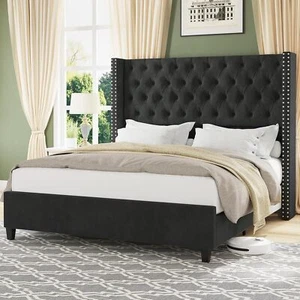 Velvet Upholstered Bed Frame with Tall Headboard Wingback Platform Bed Tufted - Picture 1 of 44
