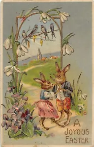 G49/ Easter Day Love Holiday Postcard c1910 Dressed Rabbits Gold Gilded 18 - Picture 1 of 4
