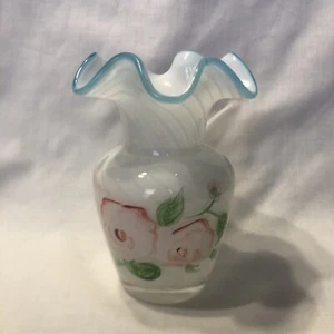 Fenton 6" Vase Optic Swirl Opalescent White Blue Roses Hand Paint Ruffled Edge - Picture 1 of 6